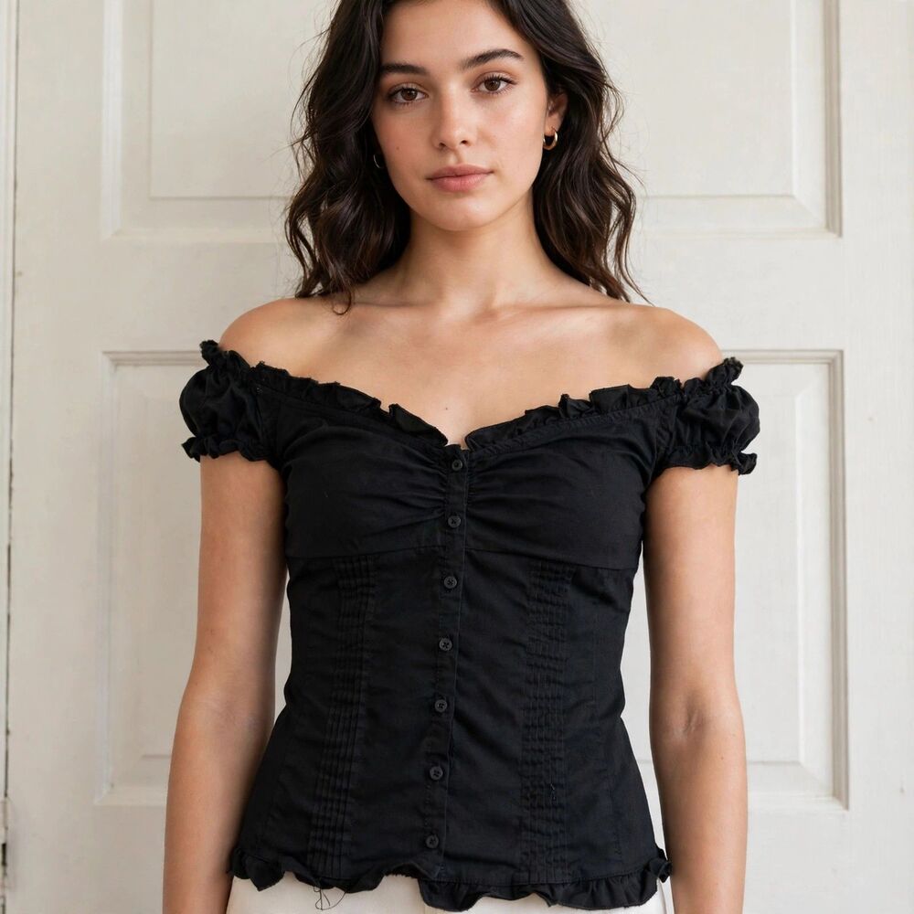 Brandy Melville Black Ruffle Strap Button Front Top Ruched Bust Pintuck One Size